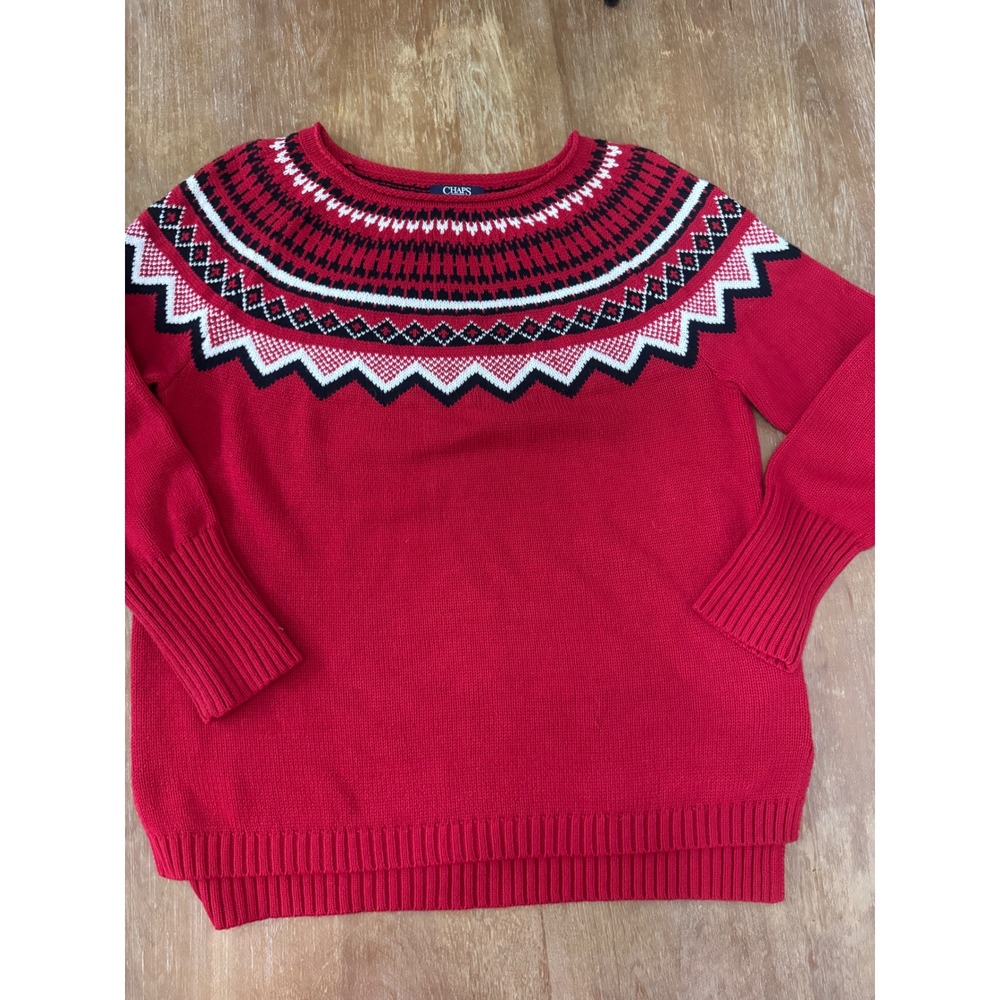 Chaps Red Fair Isle Knit Sweater Womens Large Cotton Blend Long Sleeve Pullover